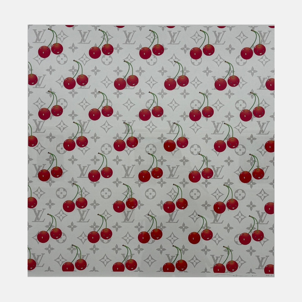 Takashi Murakami LV Cherry White Leather 2025 signed limited edition silkscreen featuring the Louis Vuitton Multicolour Monogram and Cherry motif.