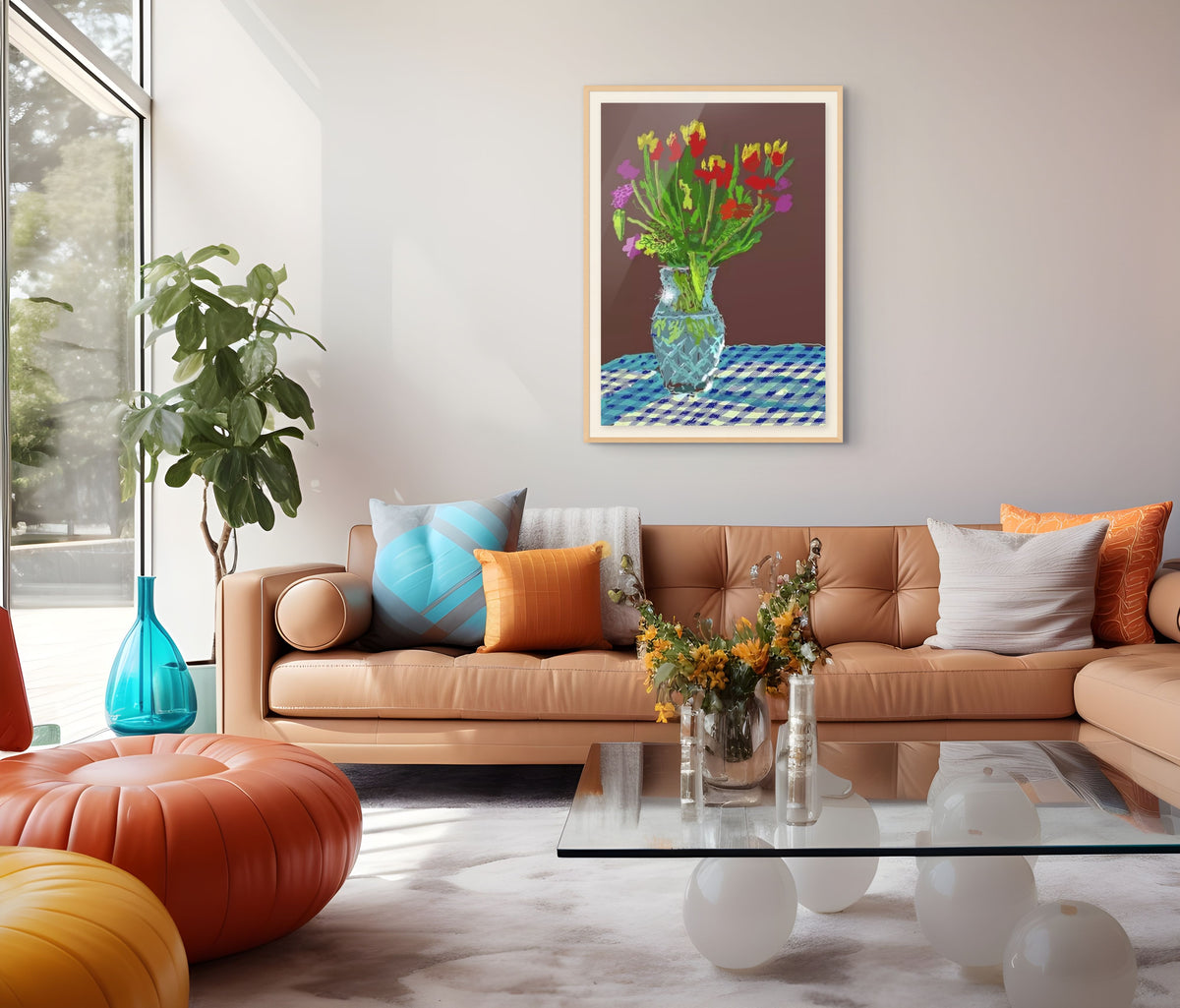 David Hockney, 24th February 2021, Red, Yellow and Purple Flowers on a Blue Tablecloth, 2021, framed floral still life print displayed in a contemporary interior