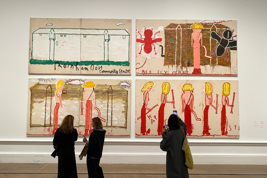 Visitors exploring Rose Wylie exhibition in London gallery space