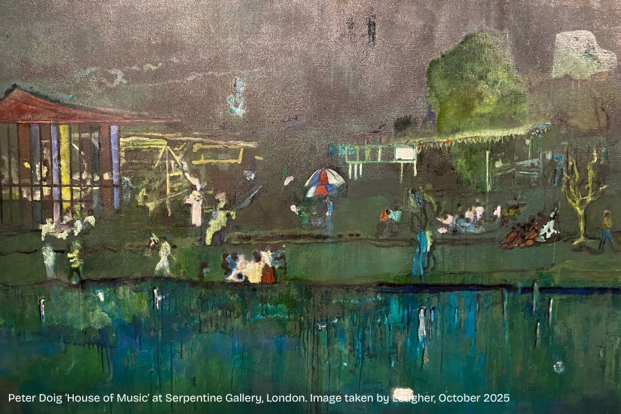 Close‑up of Peter Doig’s print ‘Music of the Future’ showing vibrant painted figures and landscape