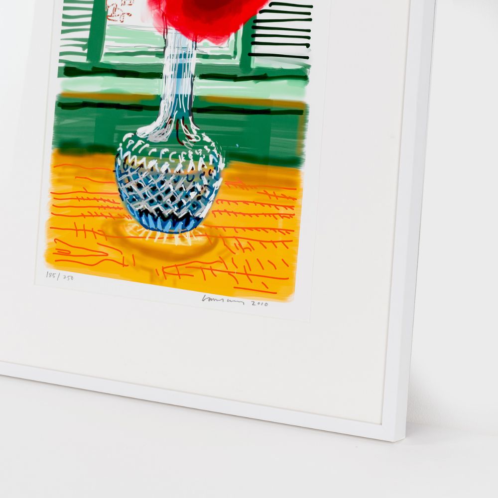 Close up detail of david hockney ipad drawing flower in vase with signature