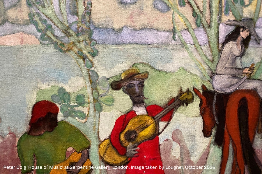 Peter Doig House of Music exhibition at Serpentine Gallery with vintage speakers and paintings