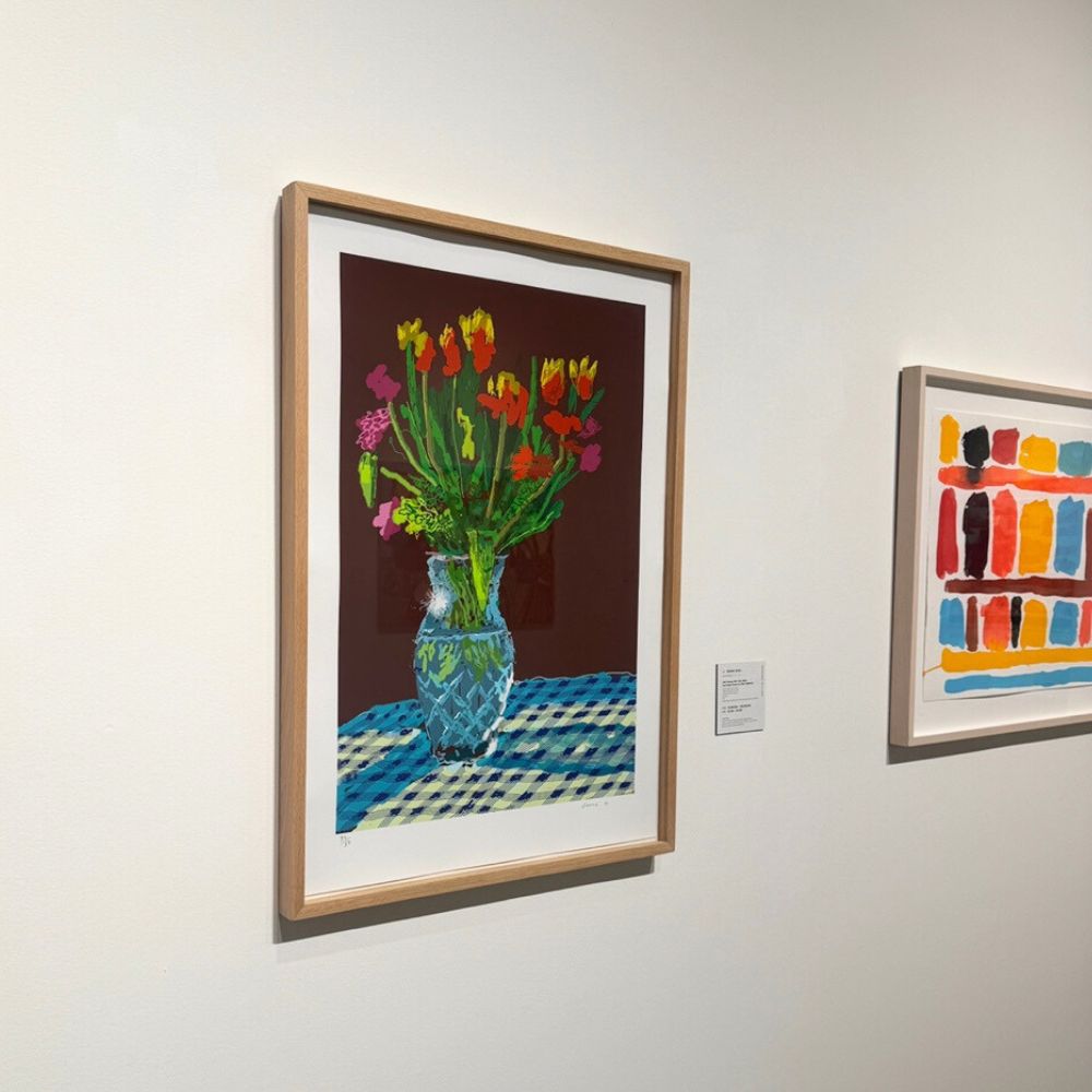 Art gallery with three framed artworks on a white wall inclkuding david hockney ipad drawing floral