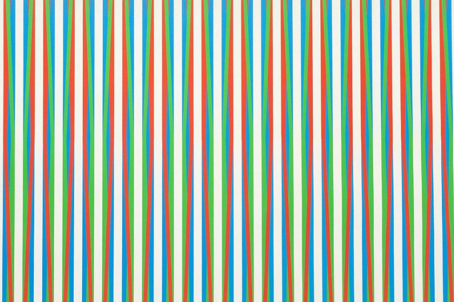 Bridget Riley, Firebird (S.9, T.G.10), 1971, abstract Op Art composition with rhythmic geometric patterns and vibrant colour.