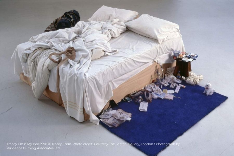 Tracey Emin artwork displayed in Tate Modern exhibition 'My Bed' showcasing her expressive style and personal narrative