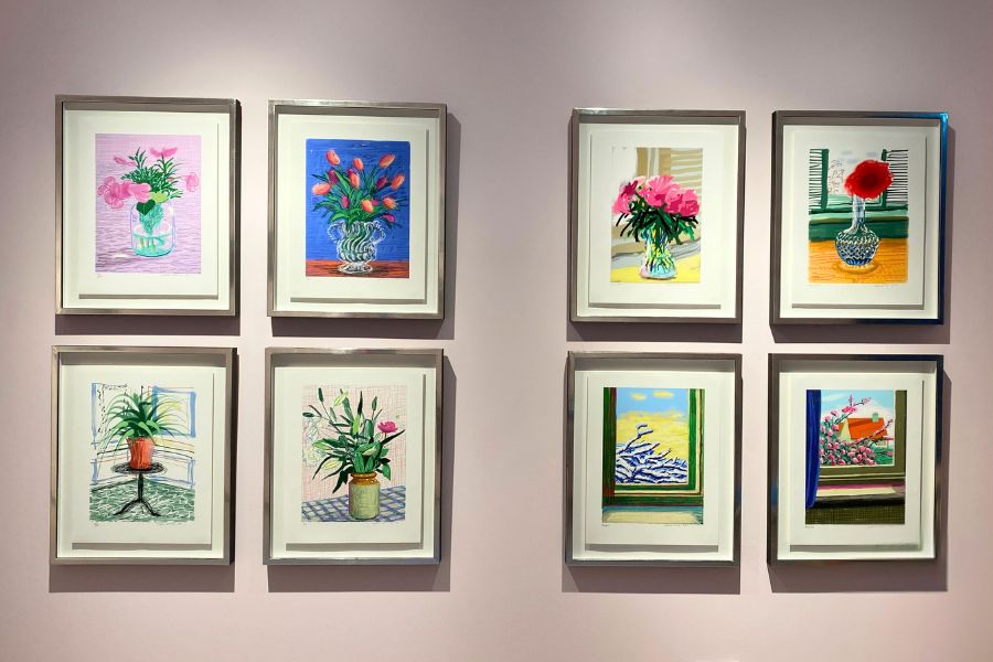 David Hockney framed ipad paintings on wall in the gallery colourful flowers and still life