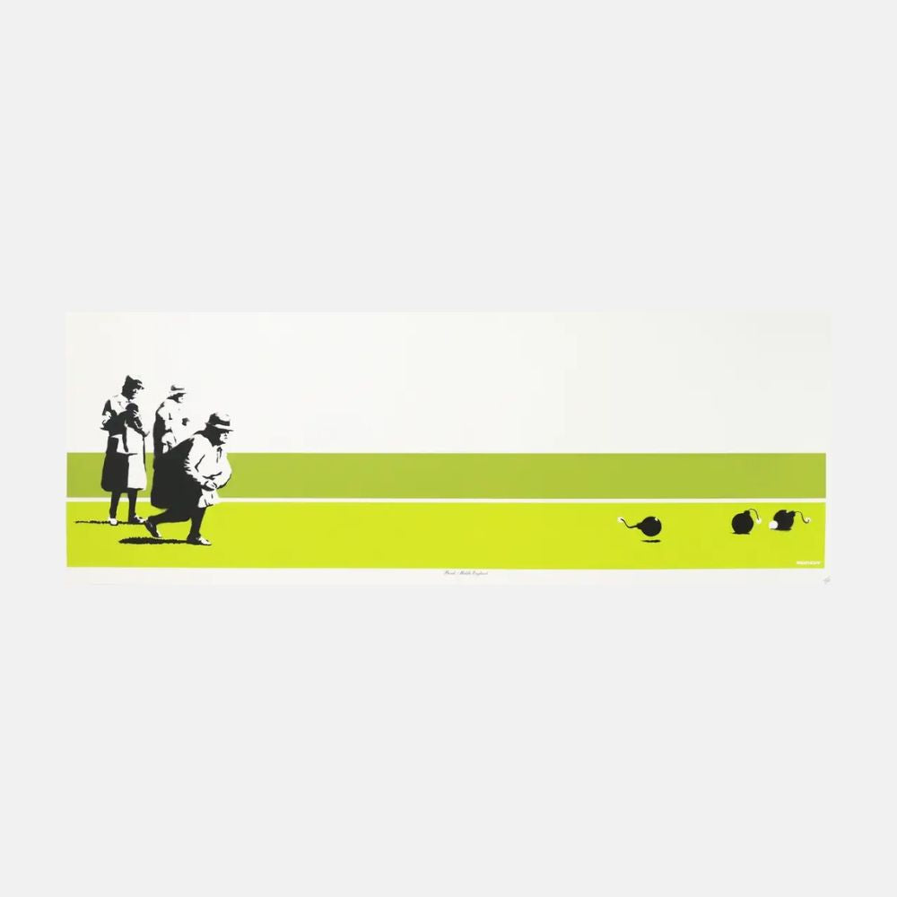 Banksy, Bomb Middle England (Unsigned) (2002), screenprint in colours on wove paper depicting an explosive game of bowls.