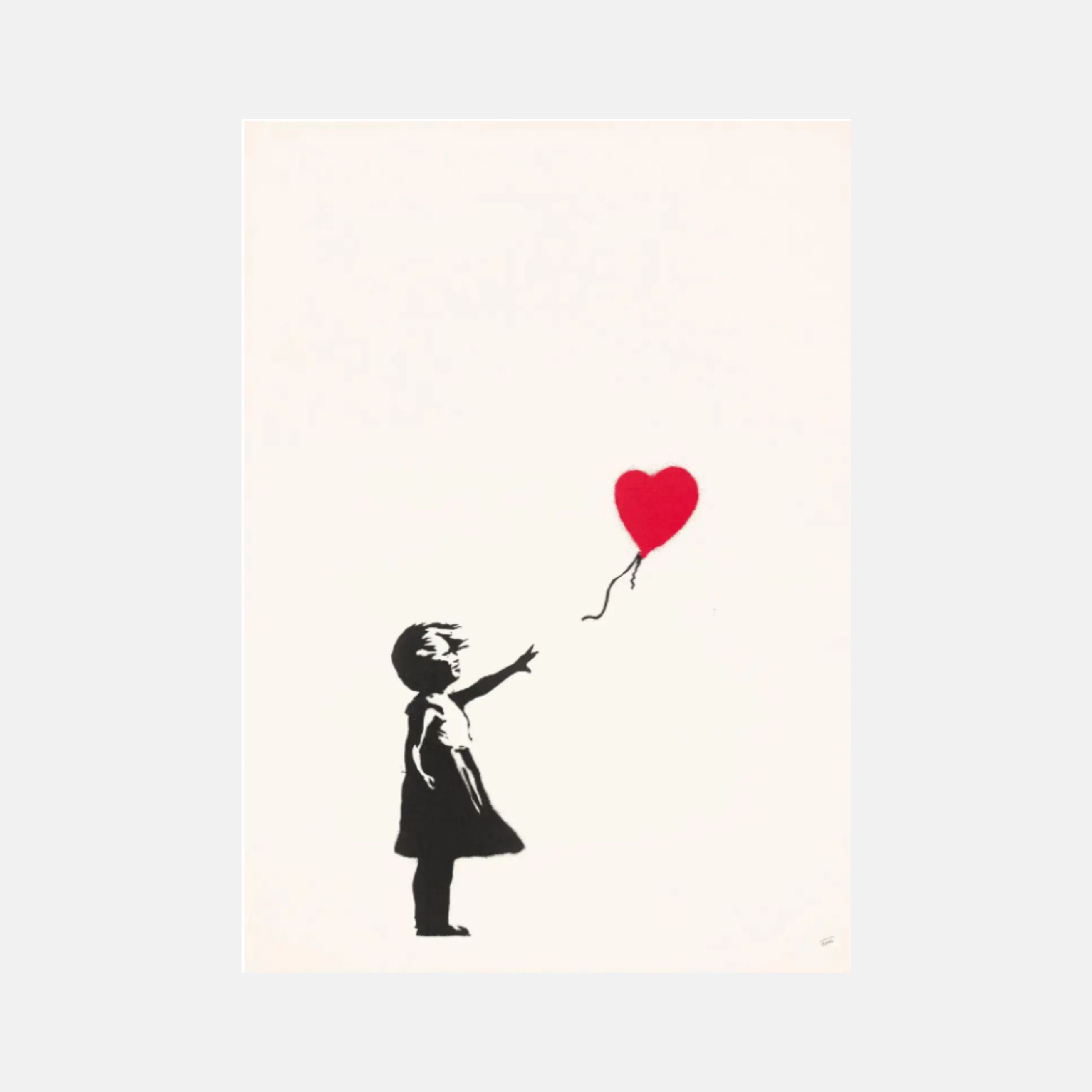 Limited edition Banksy Girl With Balloon unsigned print from 2004, featuring the iconic street art image in black and white.