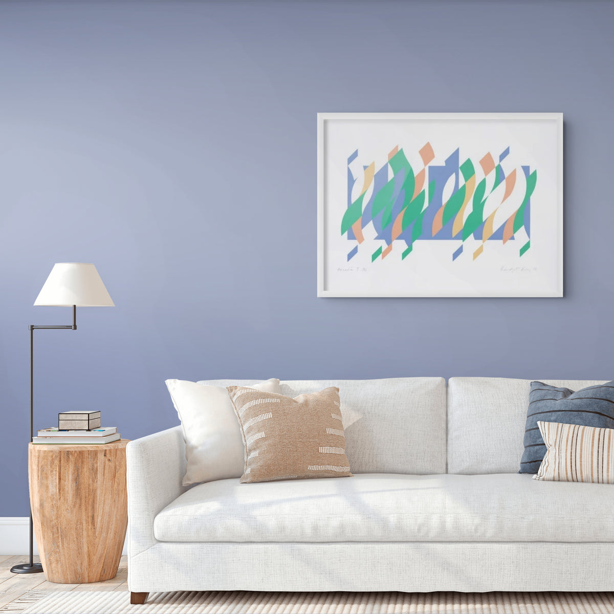 Bridget Riley, Arcadia 7 (2013), screenprint in colours on paper displayed in a contemporary interior.