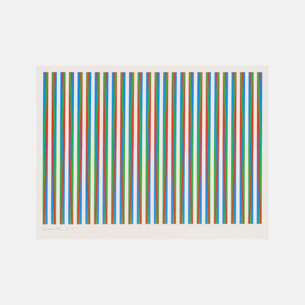 Bridget Riley, Firebird (S.9, T.G.10), 1971, abstract Op Art composition with rhythmic geometric patterns and vibrant colour.