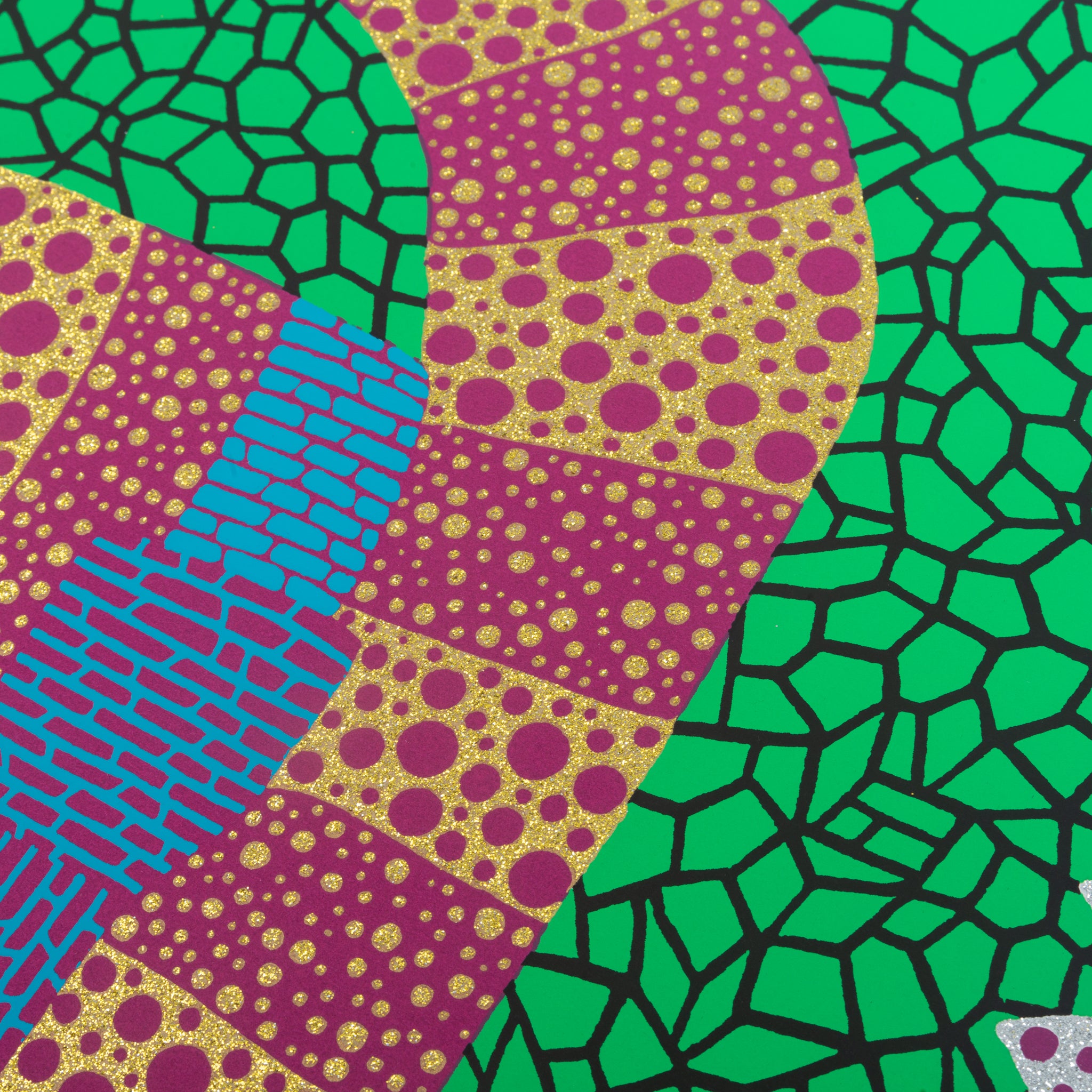 Yayoi Kusama print featuring repeated polka dots and glitter