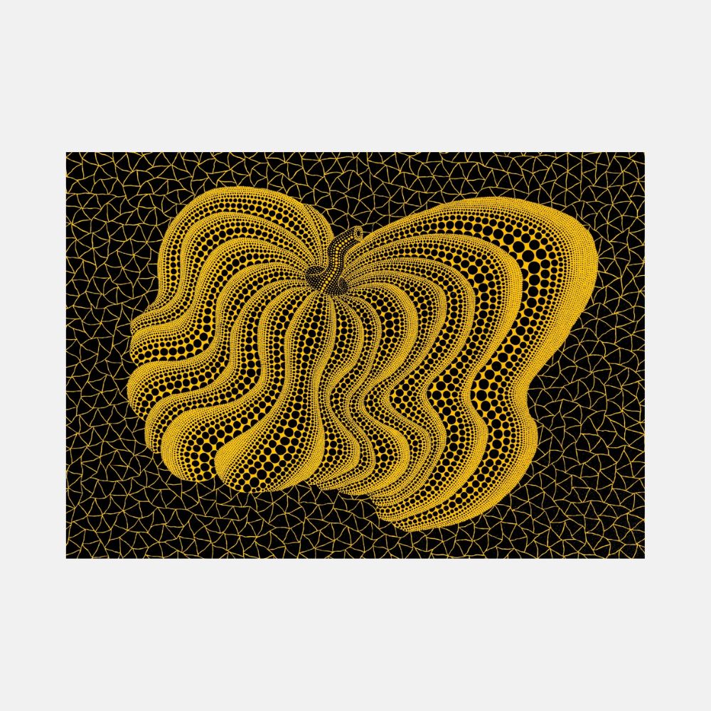Limited edition print of Yayoi Kusama's Dancing Pumpkin (YBL), 2004, showcasing vibrant pumpkin artwork by Lougher Contemporary.