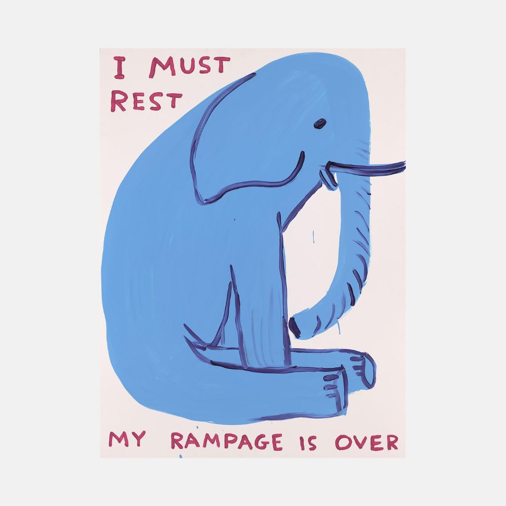 David Shrigley, My Rampage Is Over (2019), screenprint on Somerset Tub Sized 410gsm paper featuring the artist's bold monochrome text and drawing.