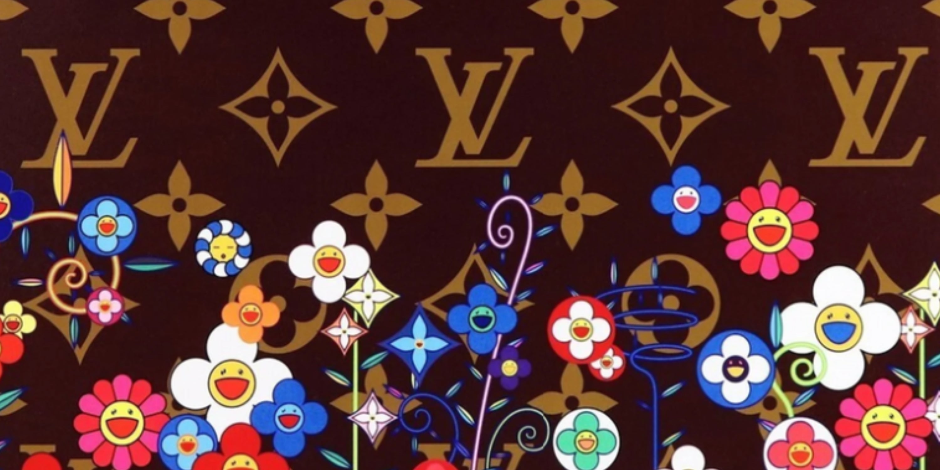 Close-up detail of Takashi Murakami LV Flower Garden silkscreen showing vibrant colours, floral characters and Monogram design.