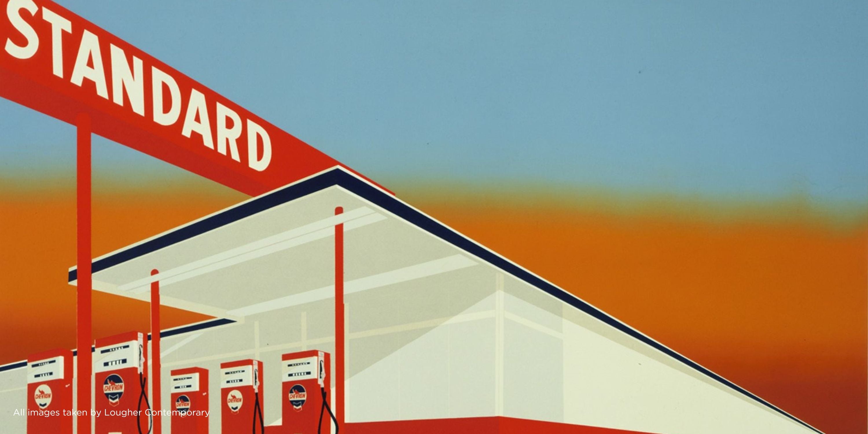 Ed Ruscha's painting "Standard Station, Ten-Cent Western Being Torn In Half," depicting a petrol station with a fragmented comic book element.