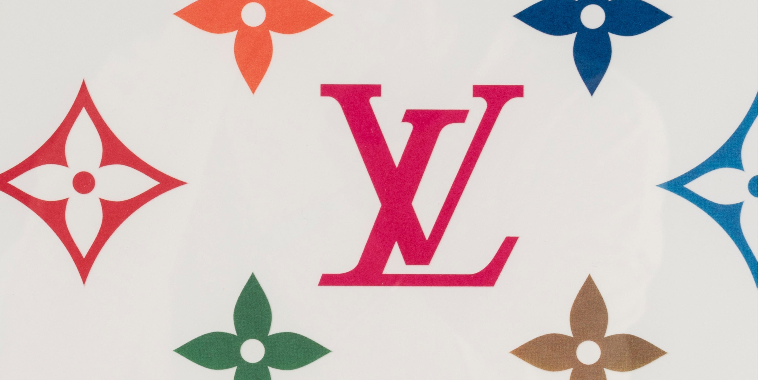 Close-up detail of Takashi Murakami LV White Multicolour Monogram silkscreen showing colourful Louis Vuitton pattern and print quality.