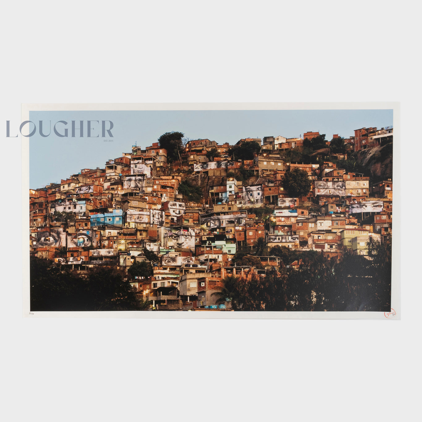 JR, Favela, 2009 Giclée print on wove paper featuring a striking black-and-white photographic portrait and urban favela scene.