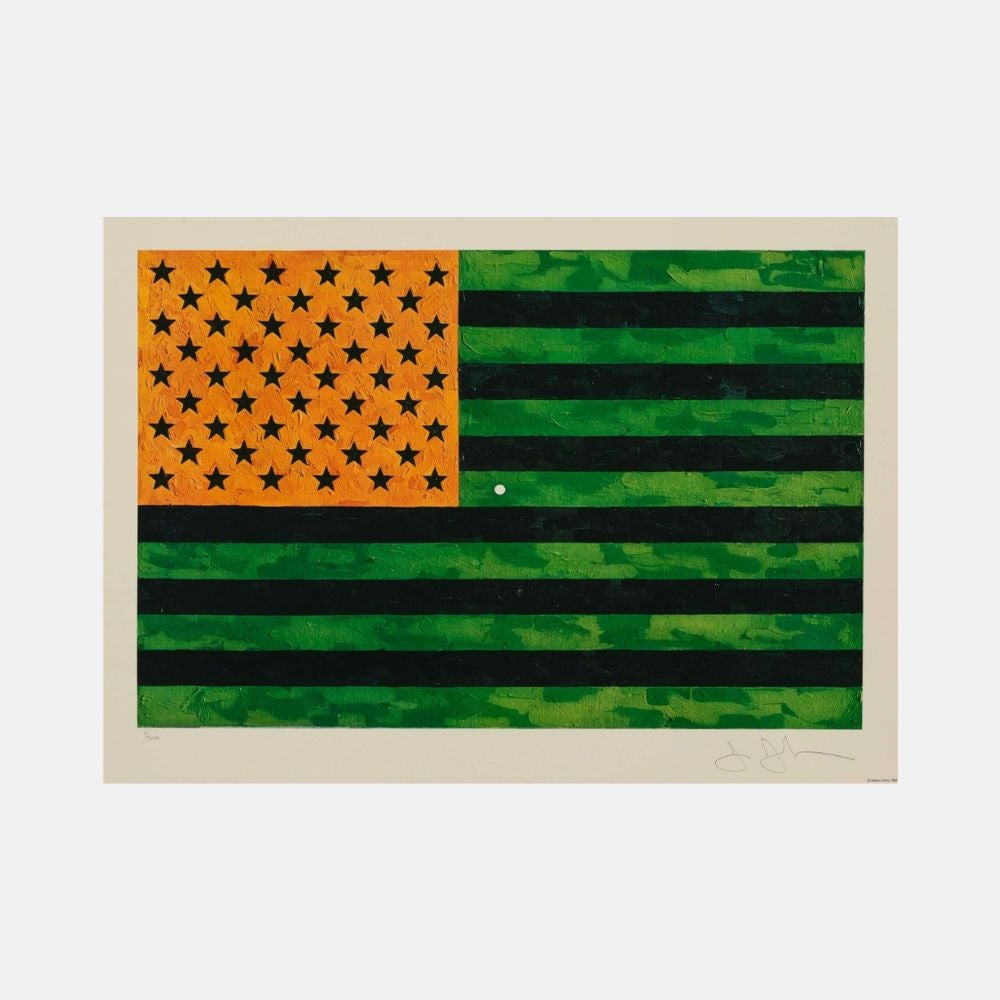 Jasper Johns, Flag (Moratorium), 1969 offset lithograph featuring an American flag design with muted colours and political text.