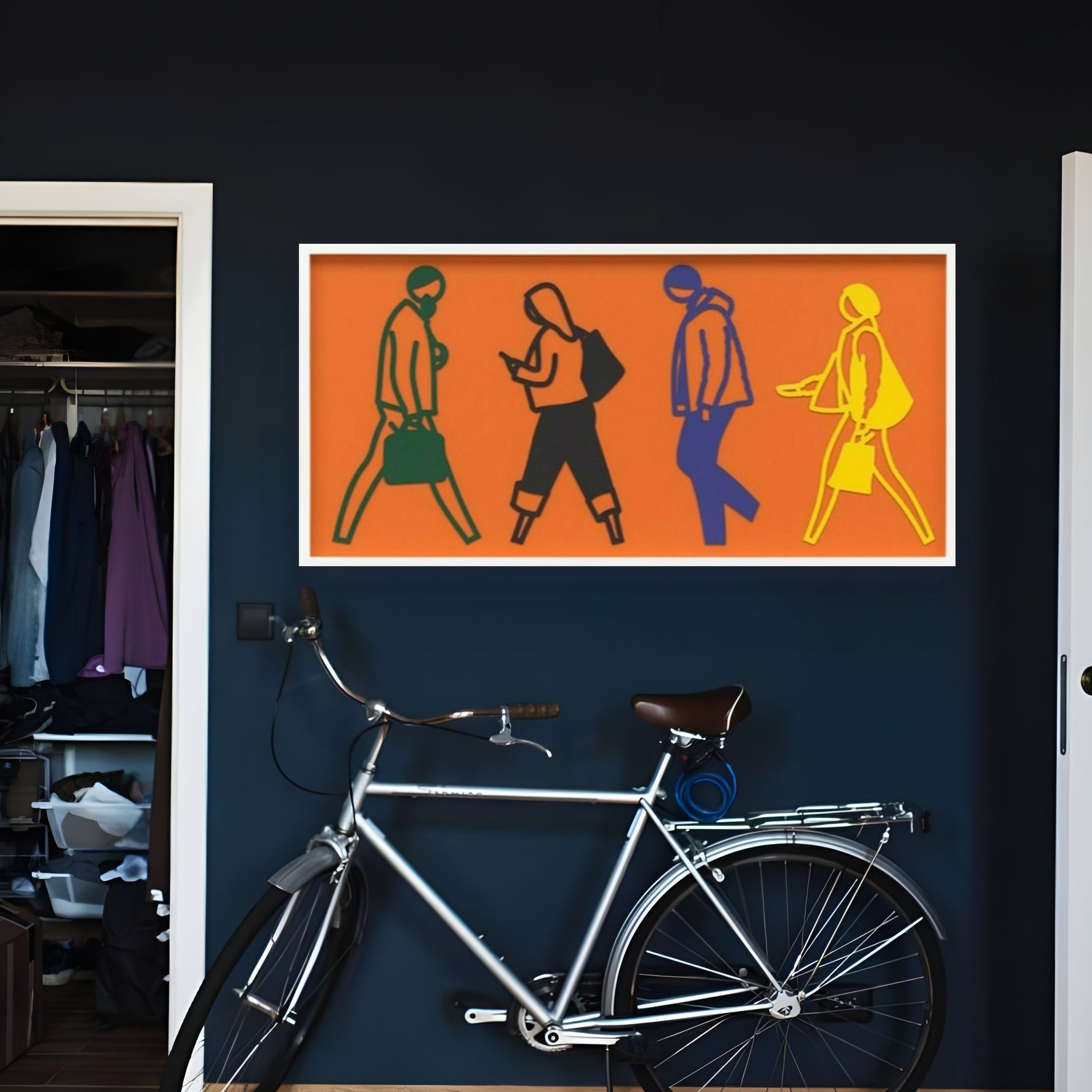 Julian Opie, Street 4 (2021), laser-cut relief in colours on orange museum board displayed in a contemporary interior setting.