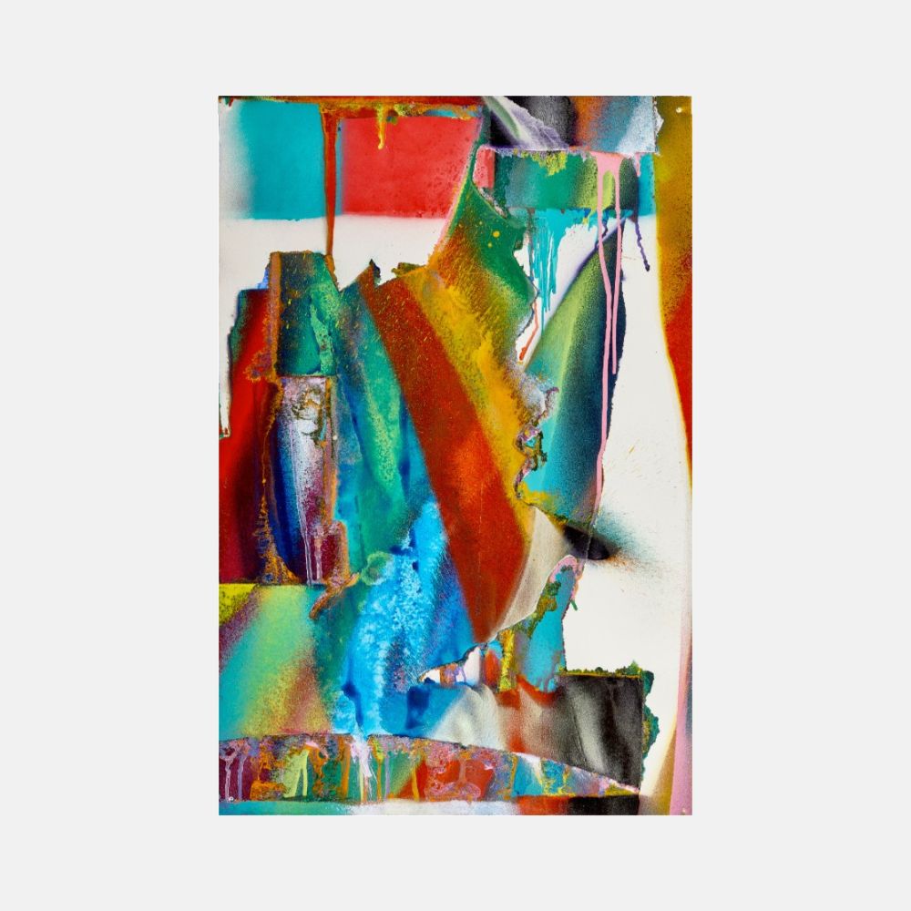 Katharina Grosse, Untitled, 2018 acrylic on paper featuring vibrant abstract layers of sprayed colour and expressive gestural marks.