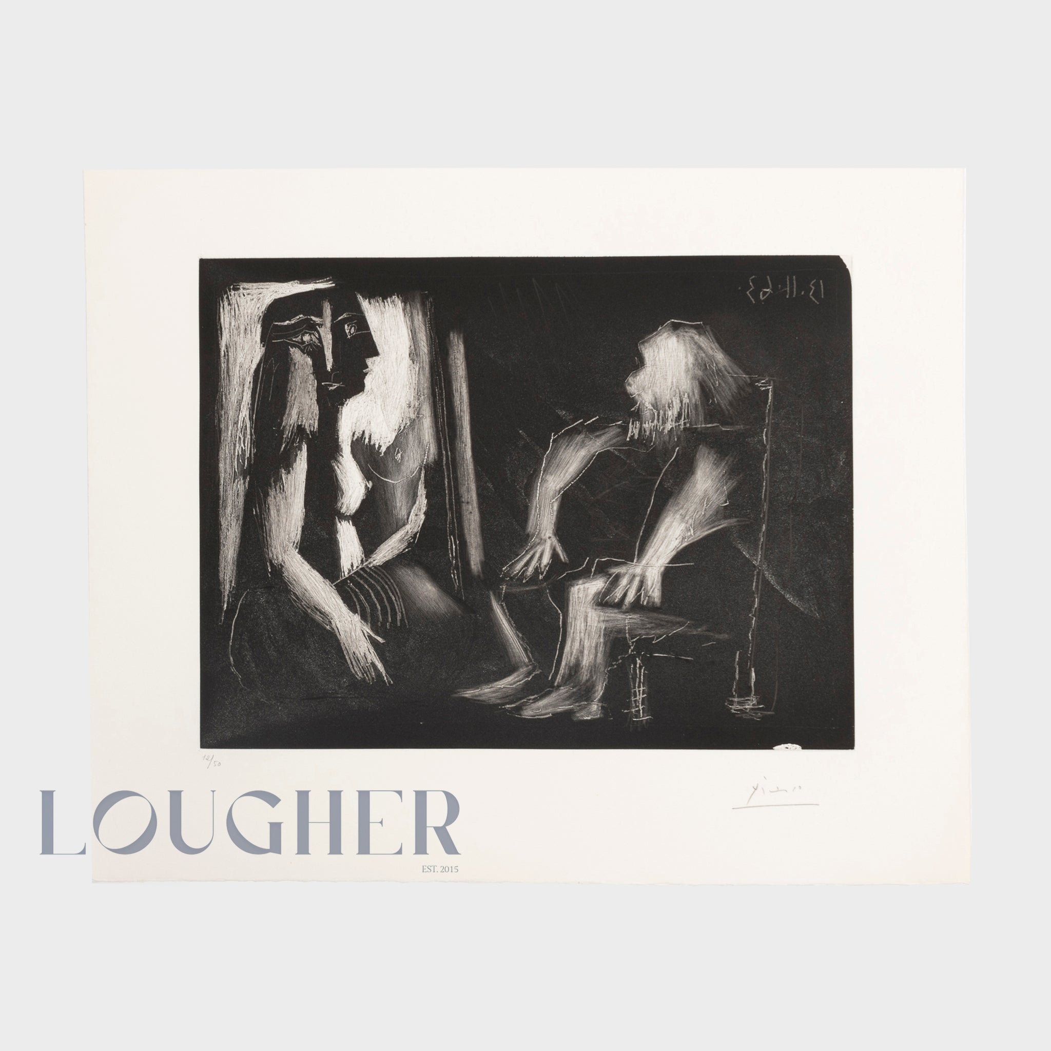 Pablo Picasso, Scène d'Intérieur: L'Atelier, 1963 etching on Rives BFK paper depicting an artist's studio with expressive figurative linework.