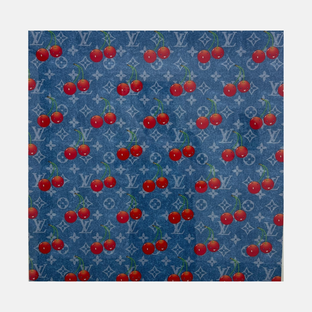 Takashi Murakami LV Cherry Blue Denim 2025 signed silkscreen featuring the Louis Vuitton Denim Monogram and Cherry motif.