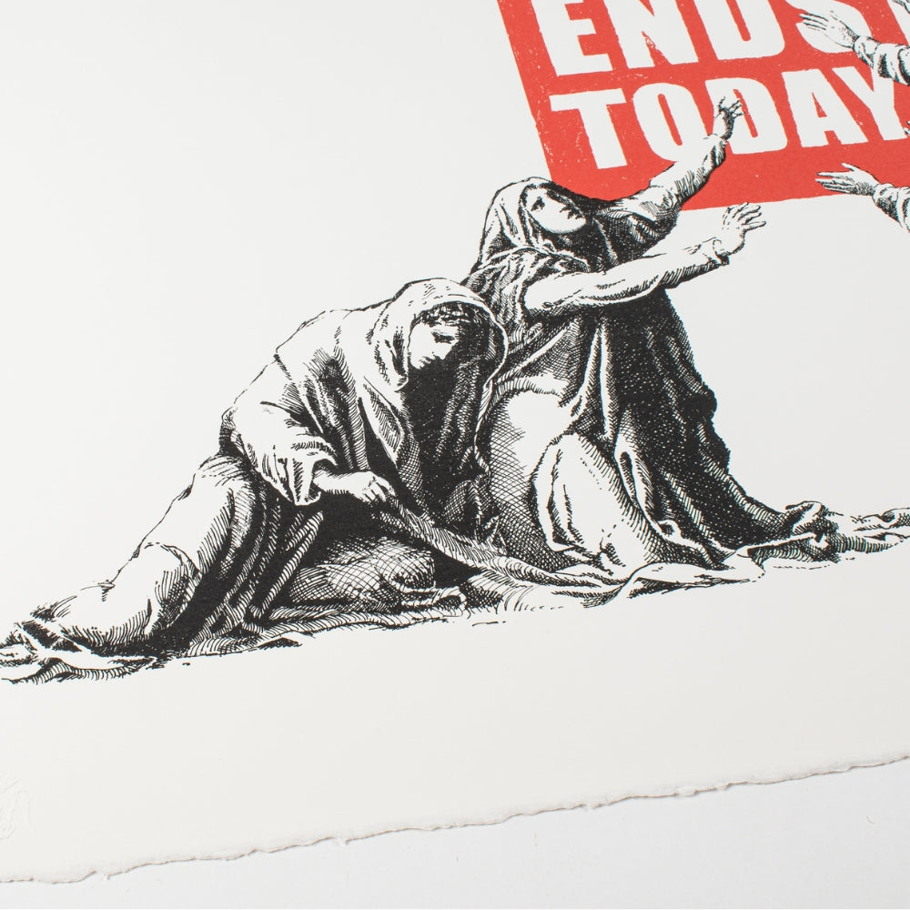 Detail of Banksy Sale Ends V2 print showing the auction scene and price tags