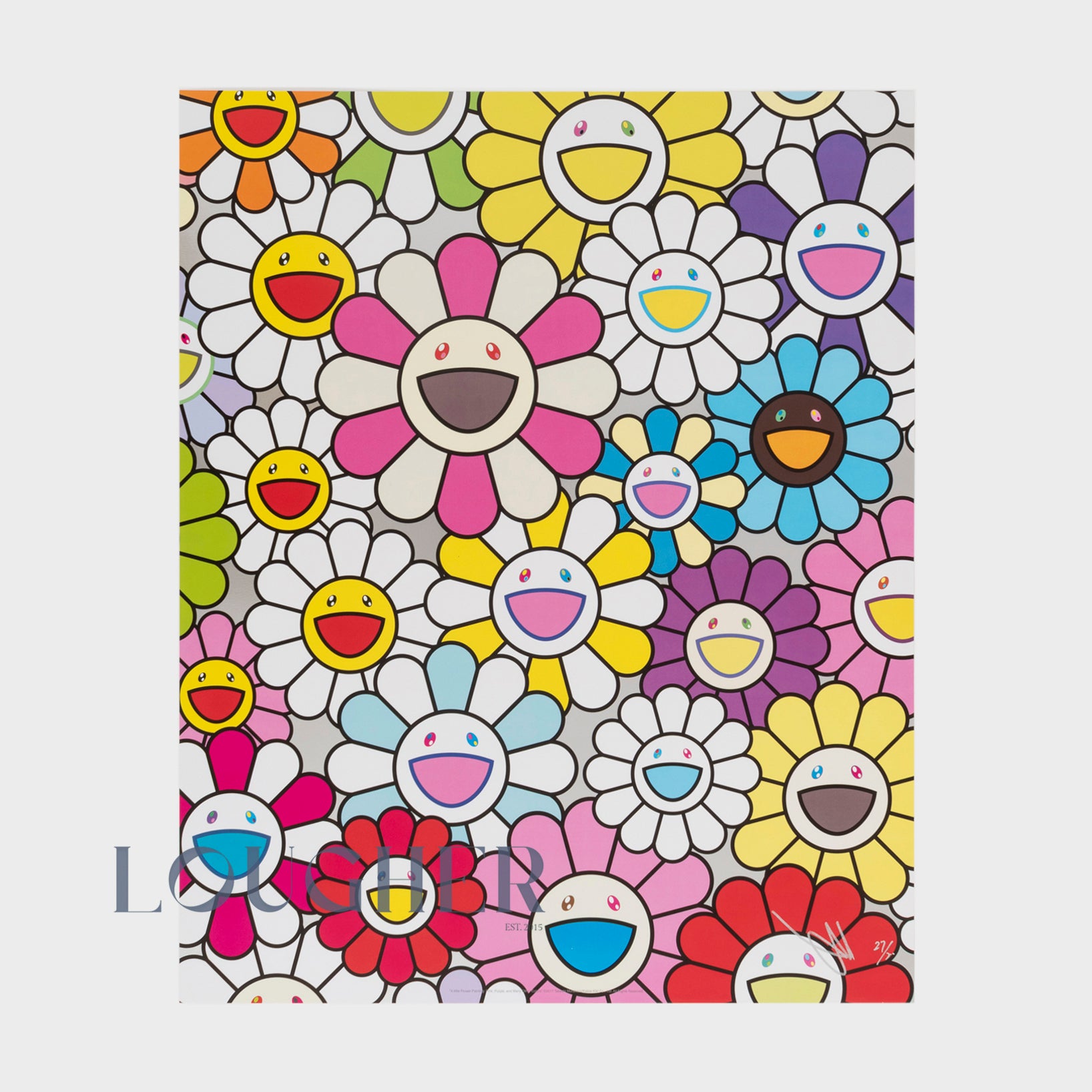 Limited edition Takashi Murakami flower painting print featuring pink, purple, and vibrant colors, created in 2019 by Lougher Contemporary.