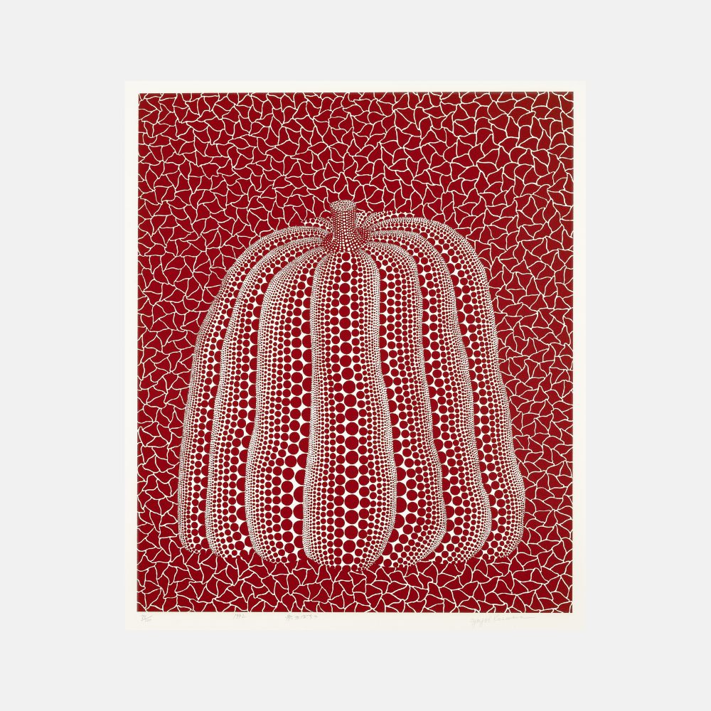 Yayoi Kusama, Red Pumpkin (Kusama 154), 1992 screenprint on wove paper featuring a red polka-dot pumpkin on a patterned background.