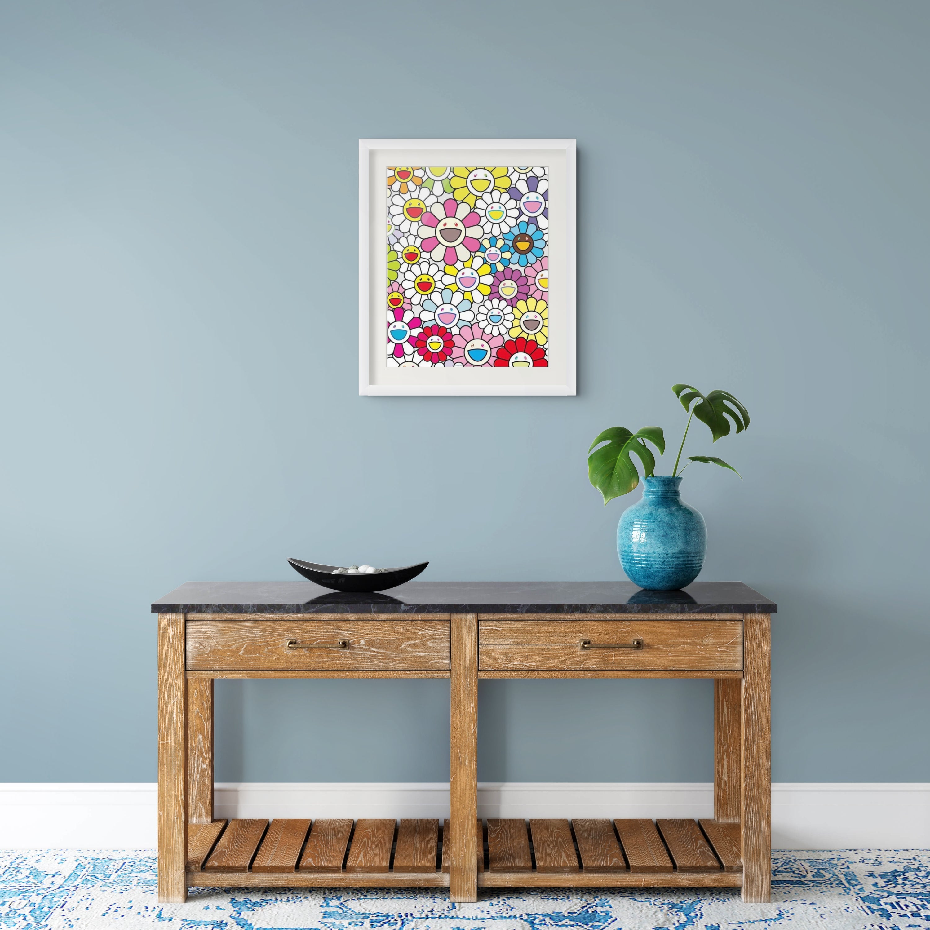 Takashi Murakami, A Little Flower Painting: Pink, Purple and Many Other Colours, 2019 offset lithograph with cold stamp displayed in a contemporary interior.
