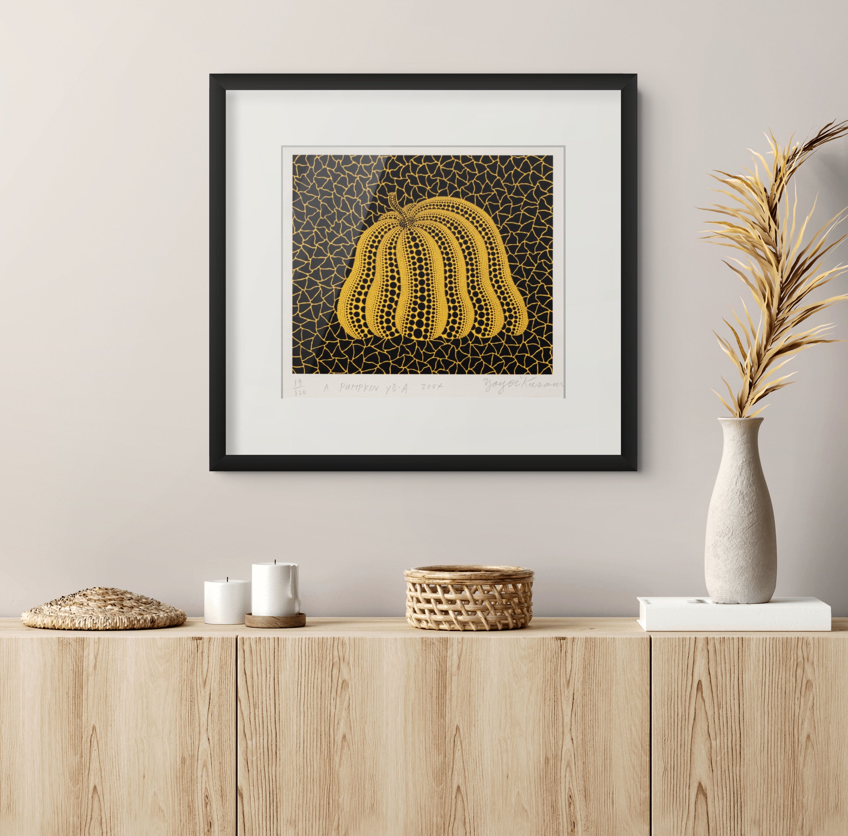 Yayoi Kusama, A Pumpkin YB-A (Kusama 325), 2004 screenprint in colour on Arches wove paper displayed in a contemporary interior.