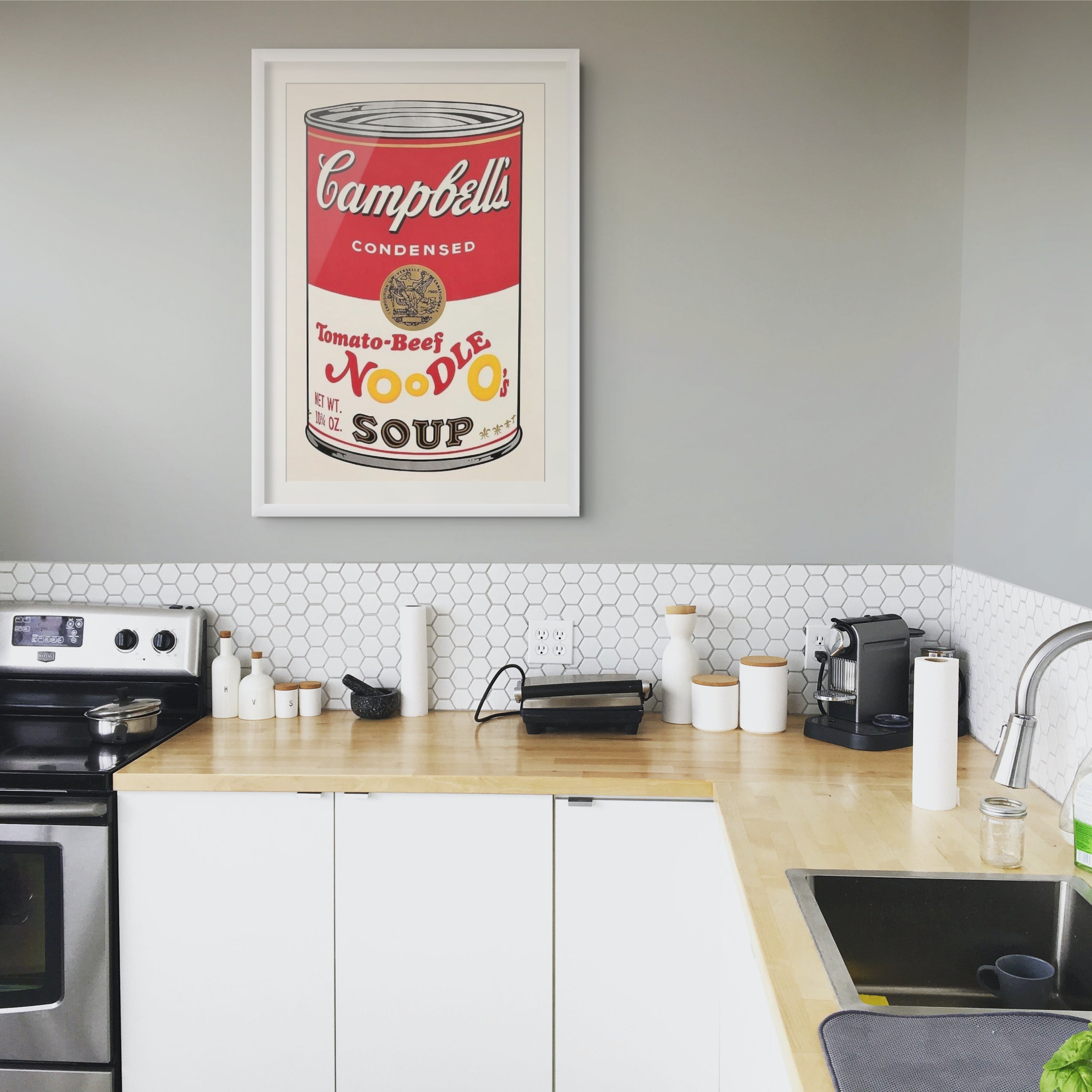 Framed Andy Warhol Tomato-Beef Noodle O’s Soup, 1969, from the Campbell’s Soup II series.