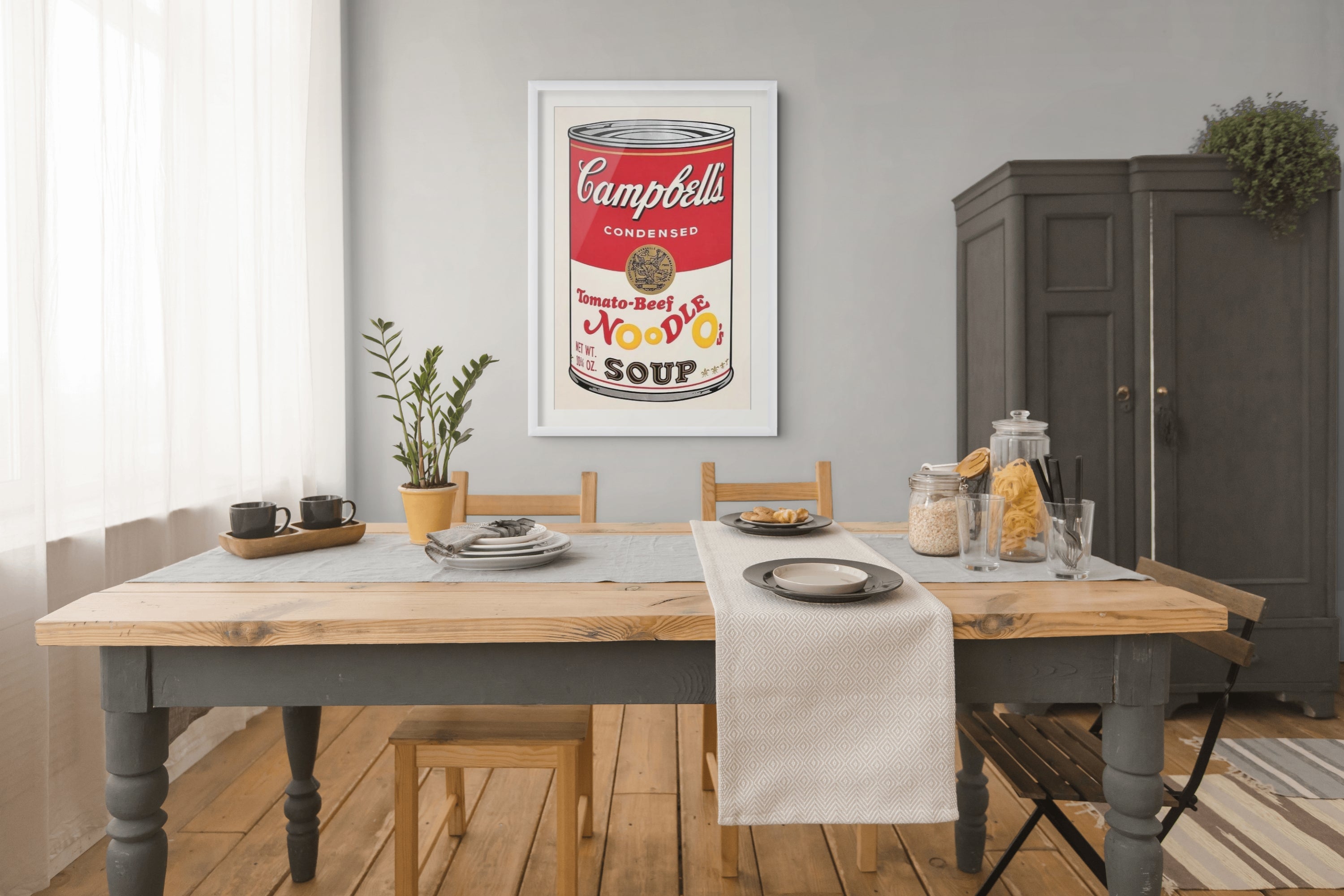 Andy Warhol, Tomato Beef Noodle O's Soup, F.S. II.61, 1969 colour screenprint displayed in a contemporary interior.