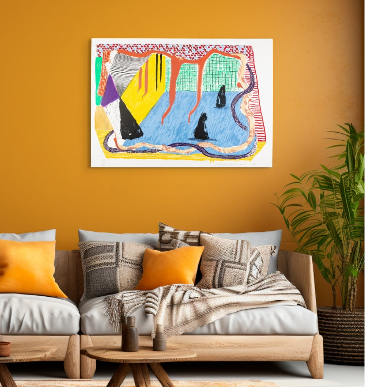 Colorful abstract david hockney artwork on an orange wall above a sofa with decorative pillows.