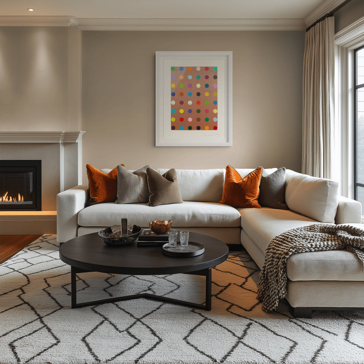 Damien Hirst, Carvacrol, 2008, pharmaceutical spot print displayed in a contemporary interior with framed modern artwork