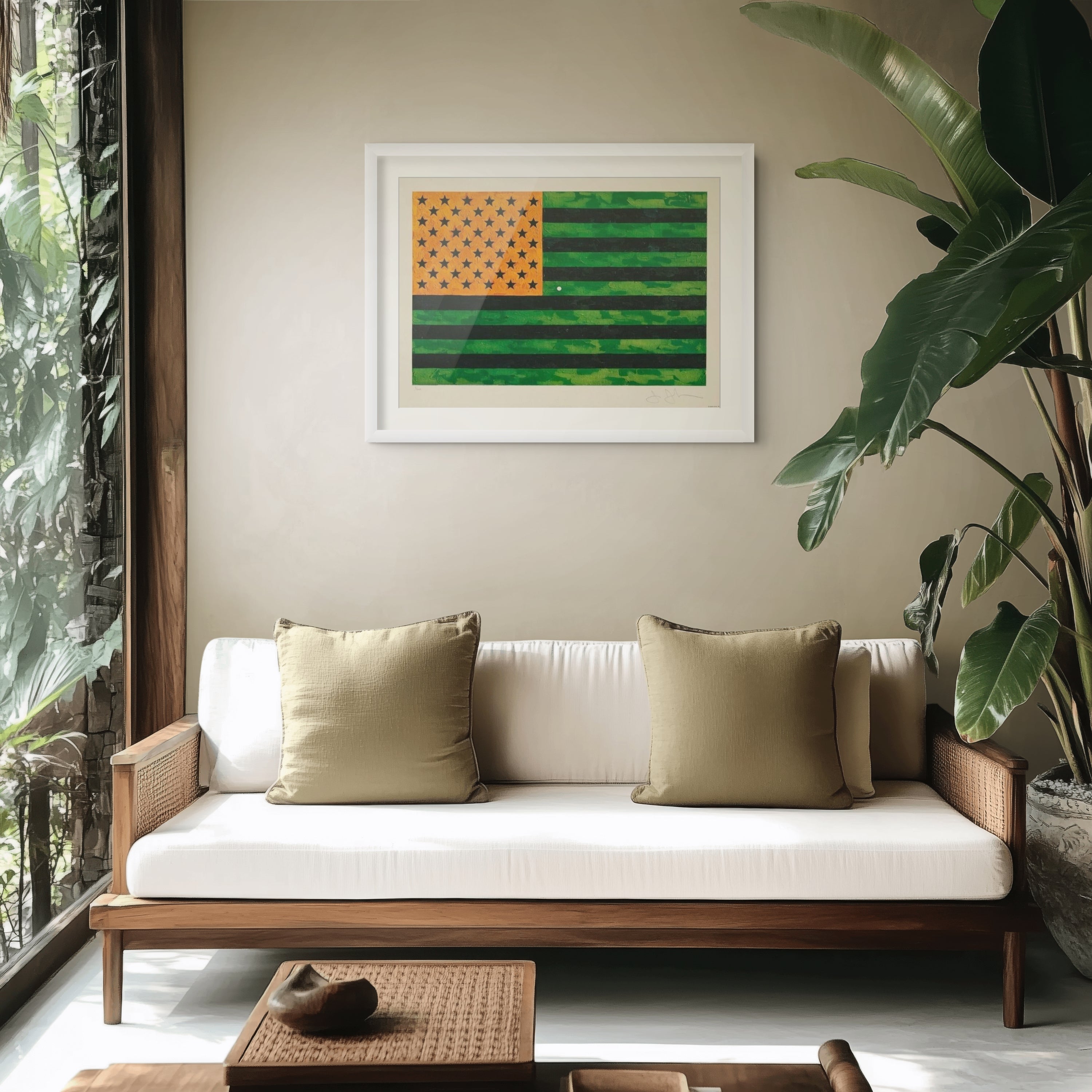 Jasper Johns, Flag (Moratorium), 1969 offset lithograph displayed in a contemporary interior with iconic Pop Art imagery.