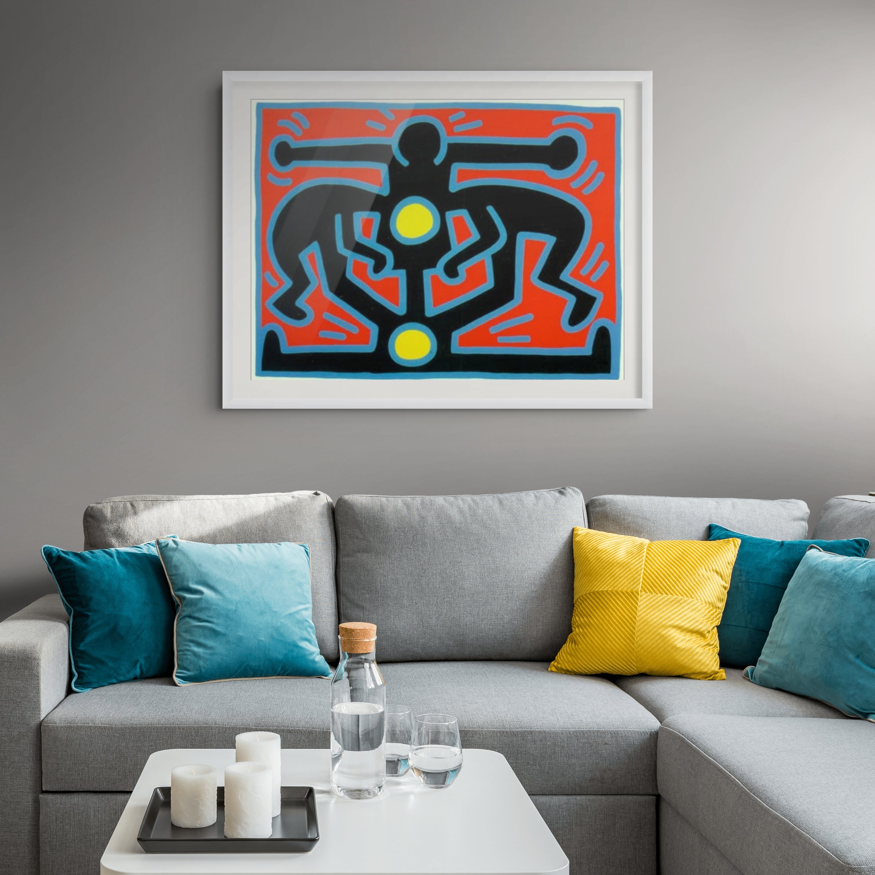Limited edition Keith Haring "Growing 2" print from 1988, vibrant colorful artwork on paper, framed for interior display.