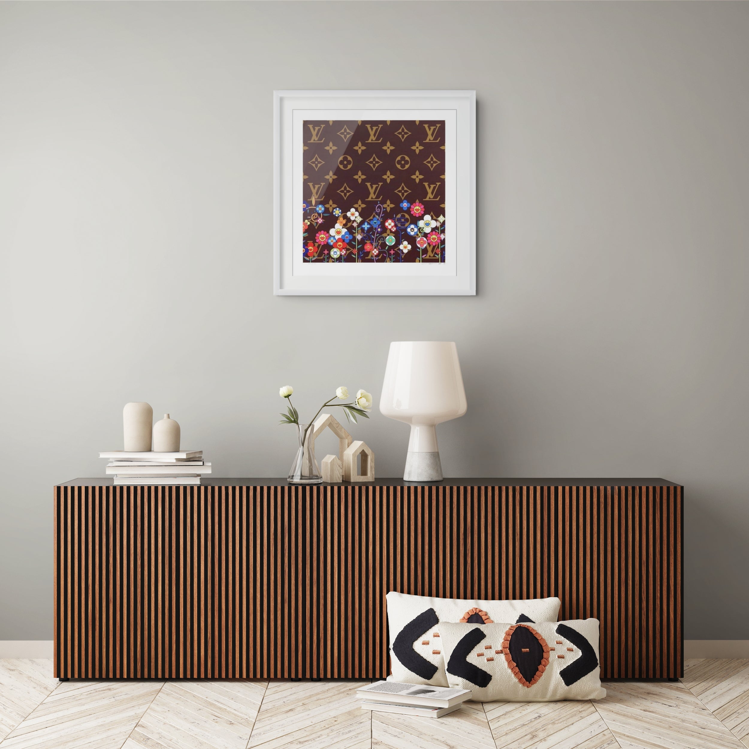 Takashi Murakami contemporary print showing smiling flowers integrated with the iconic Louis Vuitton Monogram pattern in a modern contemporary interior setting