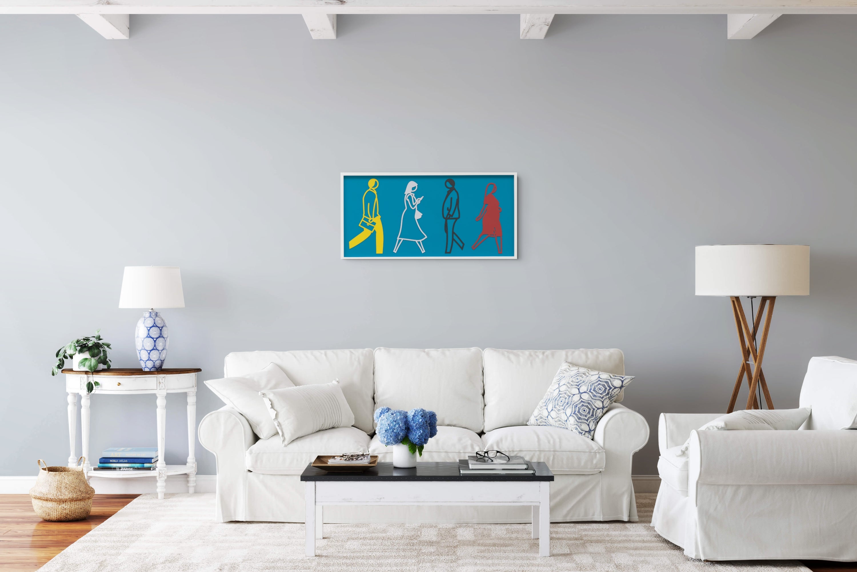 Julian Opie, Street 5, 2021 coloured laser-cut Museum board relief displayed in a contemporary interior with modern minimalist styling.