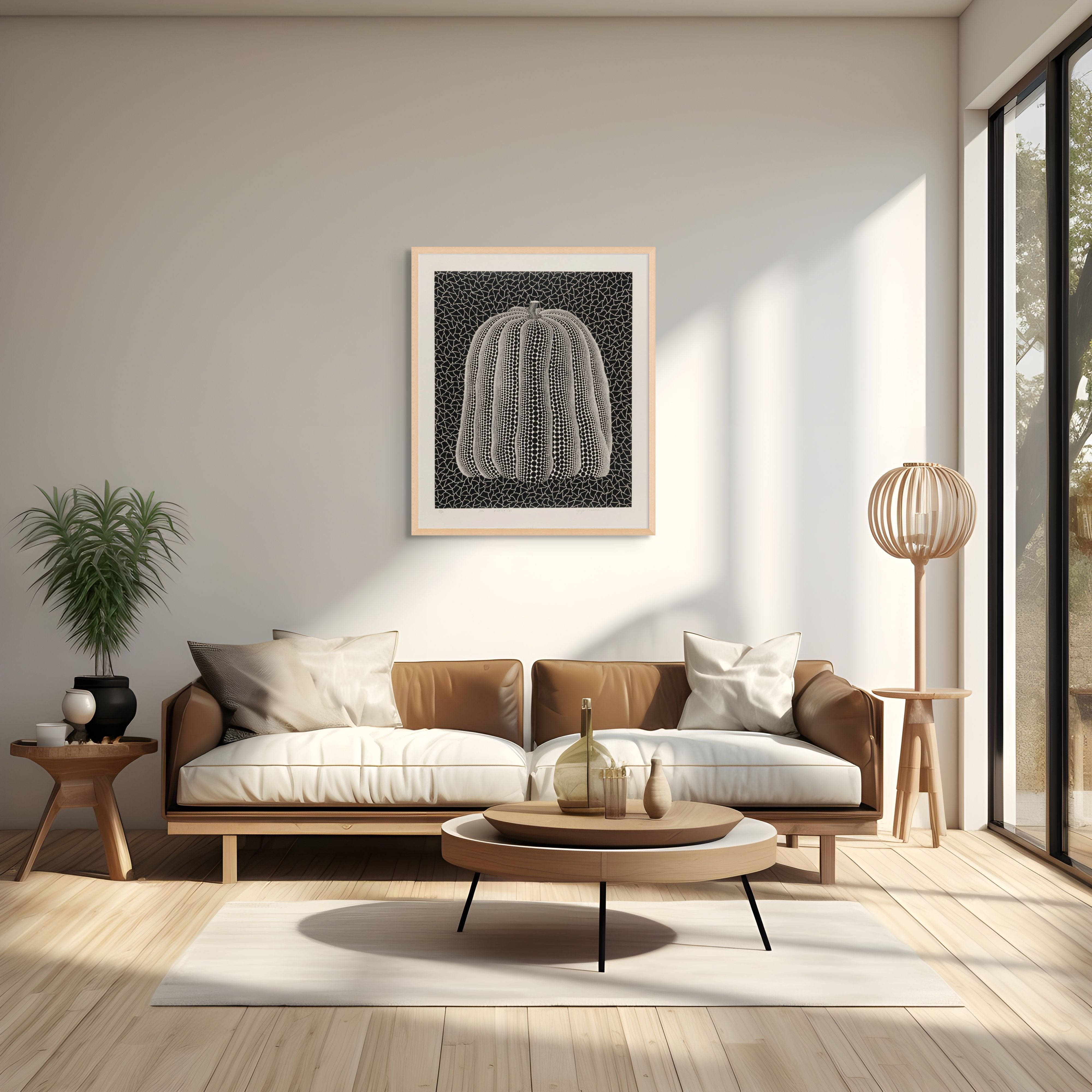 Yayoi Kusama Pumpkin print in white and black in a contemporary interior setting