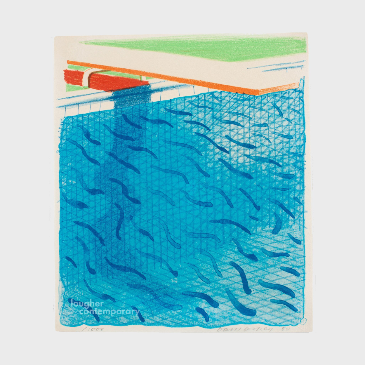 David Hockney Swimming Pool print depiction of a pool with blue water and a white border