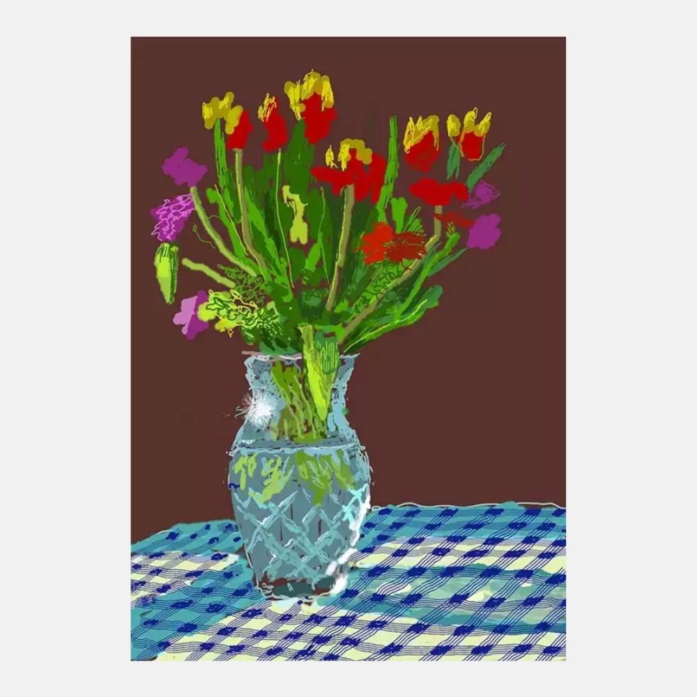 David Hockney, 24th February 2021, Red, Yellow and Purple Flowers on a Blue Tablecloth, 2021