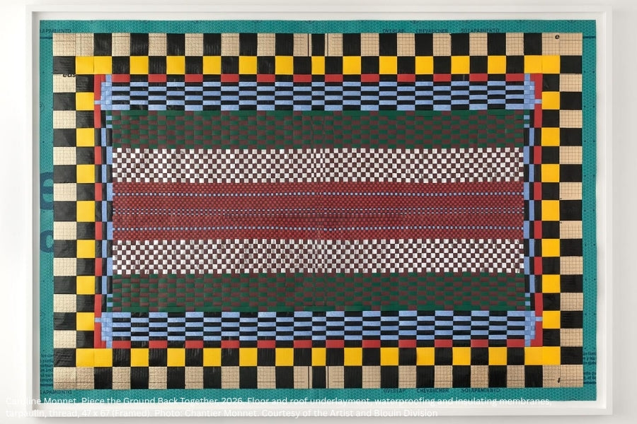 Caroline Monnet, Piece the Ground Back Together, 2026. Floor and roof underlayment, waterproofing and insulating membranes, tarpaulin, thread, 47 x 67 (Framed). Photo: Chantier Monnet. Courtesy of the Artist and Blouin Division