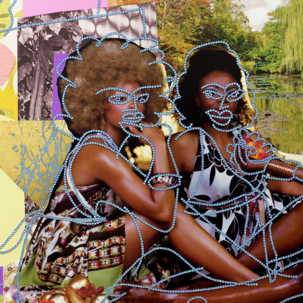 Mickalene Thomas, Le Déjeuner sur l'herbe: les trois femmes noires avec jardin d'eau, 2024