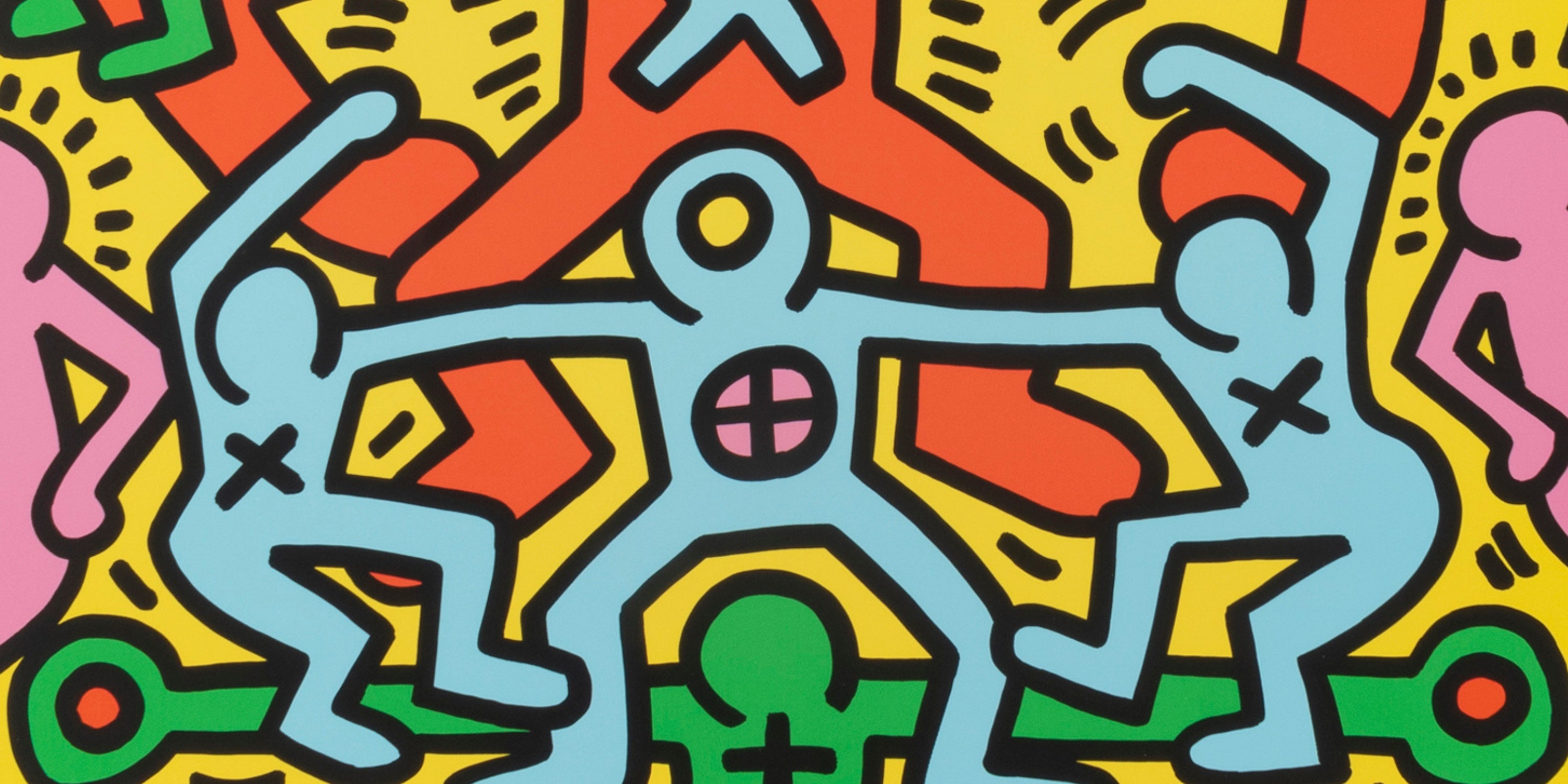 Detail of Keith Haring print showing bold black lines and vibrant colours