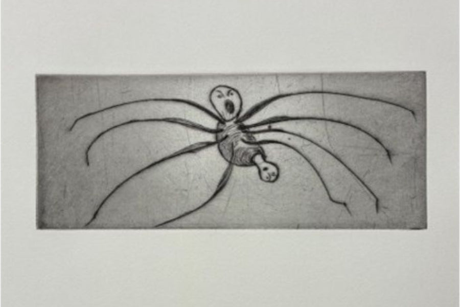 Close detail of Louise Bourgeois Ode à Ma Mère 1995 drypoint engraving showing artist linework and printed text
