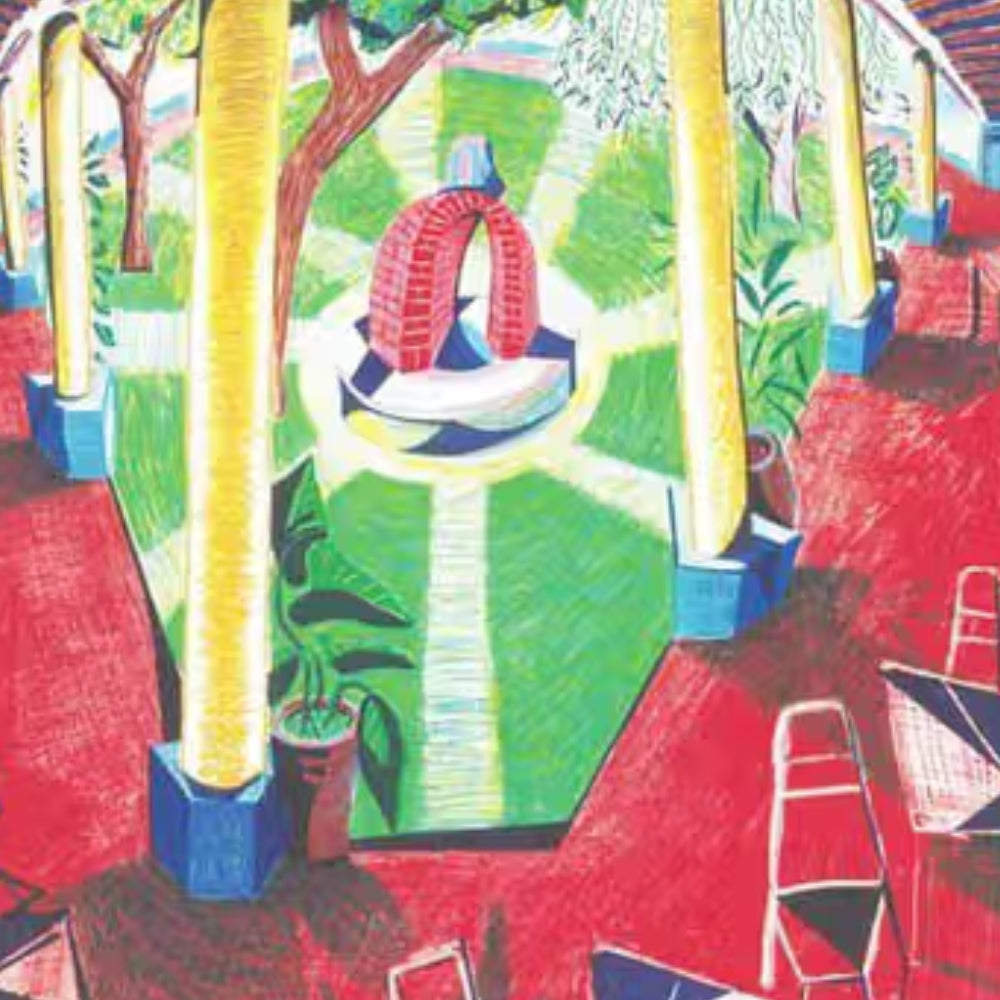 Moving Focus david hockney prints. A colorful cubist-style artwork depicting an outdoor garden or pavilion scene with red flooring, yellow columns, green grass, trees, and a red-and-white arched structure in the center. 