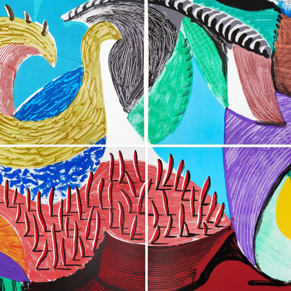 Some New Prints david hockney print series. A colorful abstract artwork arranged in a four-panel grid, featuring stylized organic shapes and line patterns in yellow, blue, green, red, purple, black, and white.