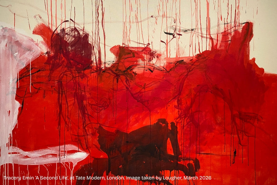 Tracey Emin portrait with exhibition background, London 2026