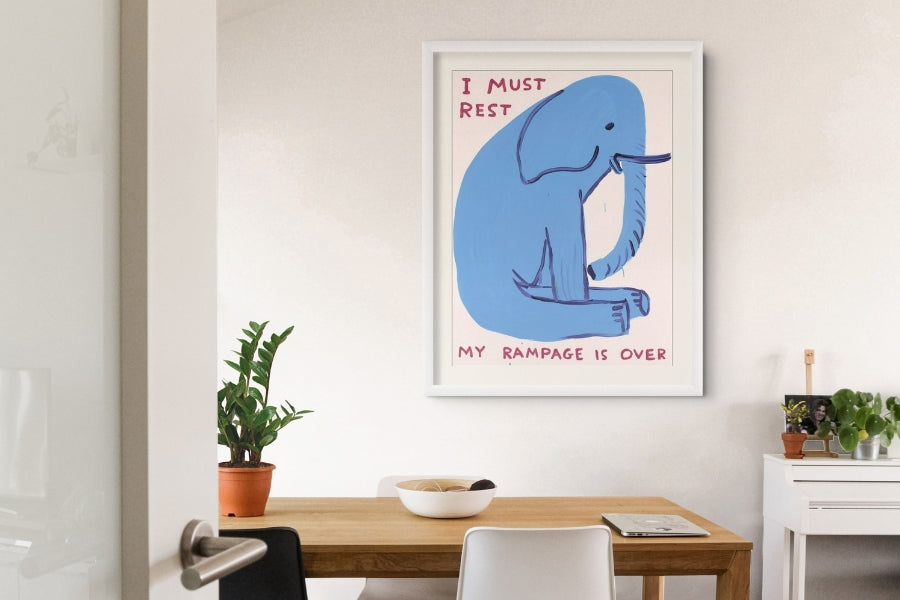 David Shrigley My Rampage is Over screenprint edition framed and displayed on a gallery wall